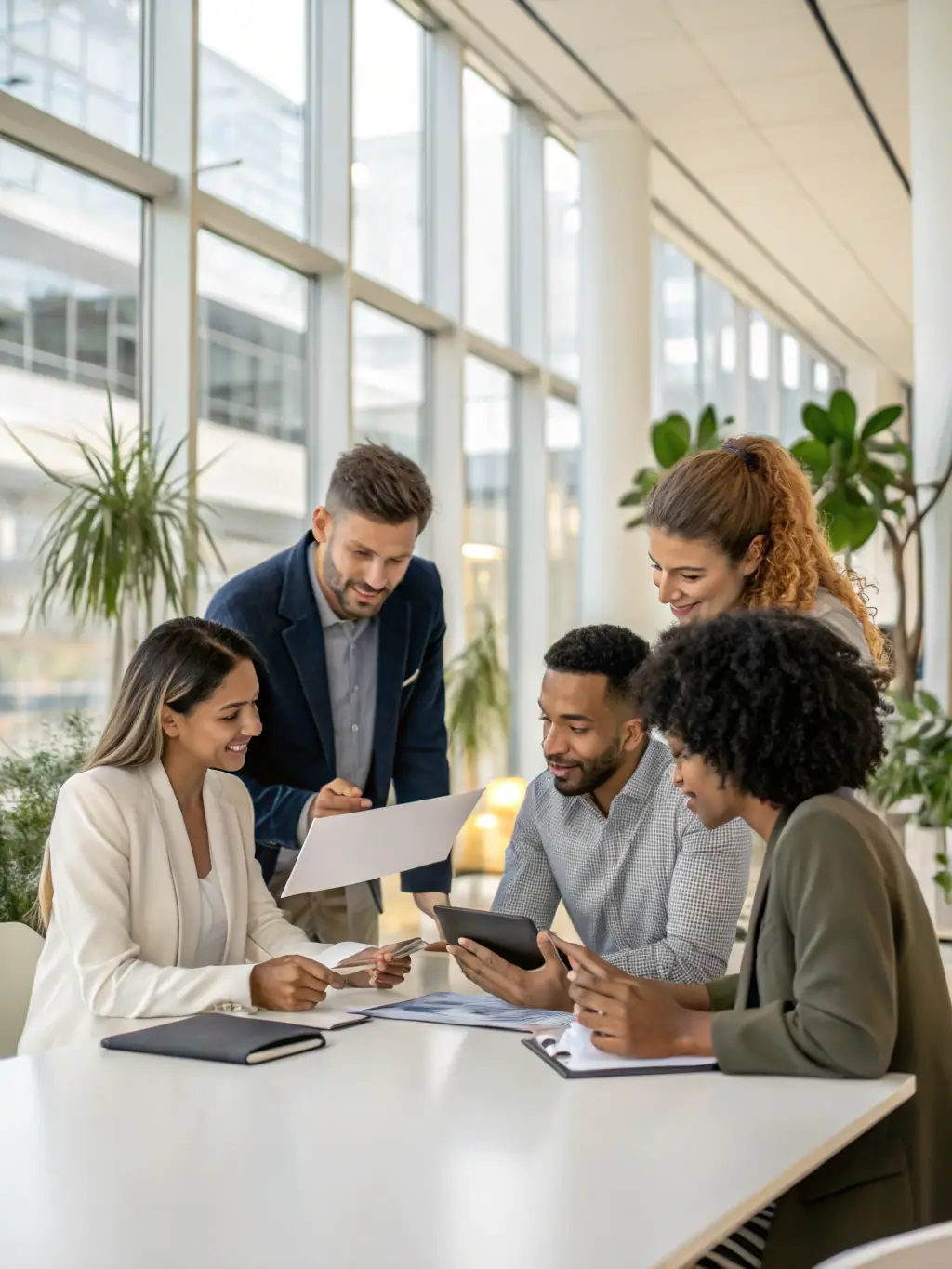 A diverse team of Softlydev consultants brainstorming solutions in a modern office, emphasizing collaboration and innovation.