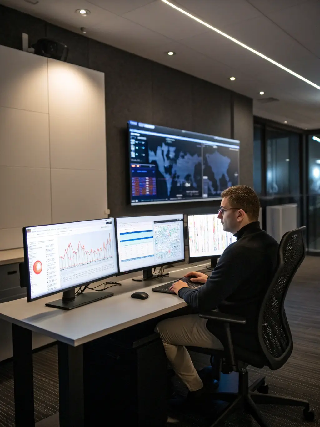A cybersecurity expert analyzing network traffic for threats, emphasizing Softlydev's dedication to protecting clients' data and systems.